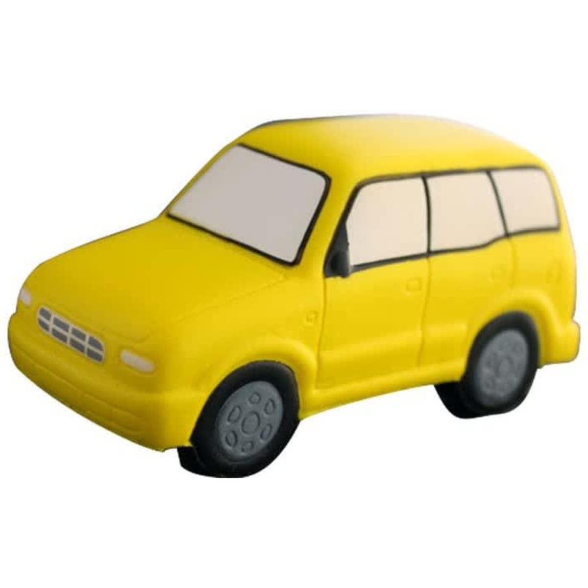 A yellow stress toy shaped like an SUV, featuring detailed wheels and windows, with a simple design.