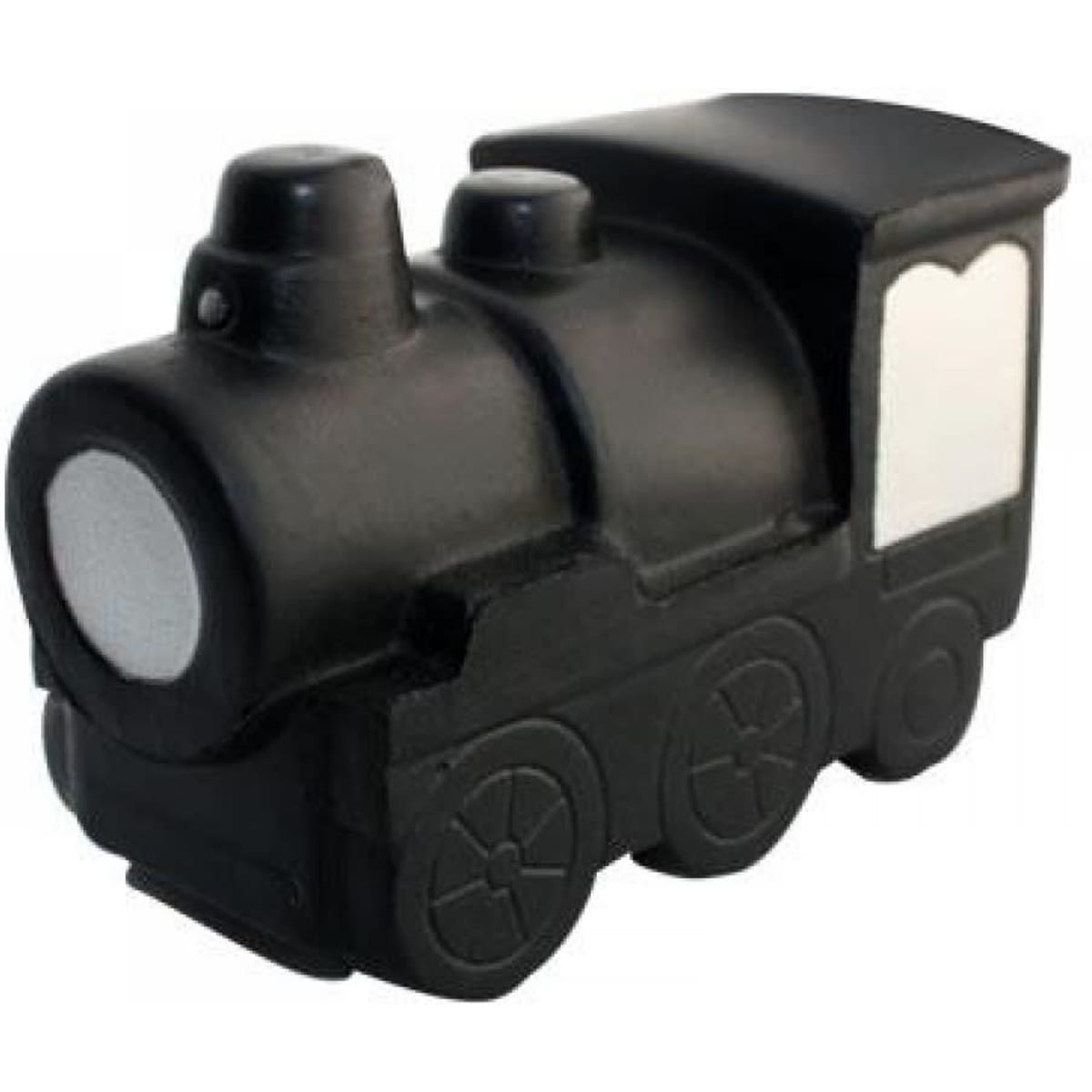 A black stress relief toy shaped like a steam train, featuring wheels and a smokestack. It has a simple design with a white panel.