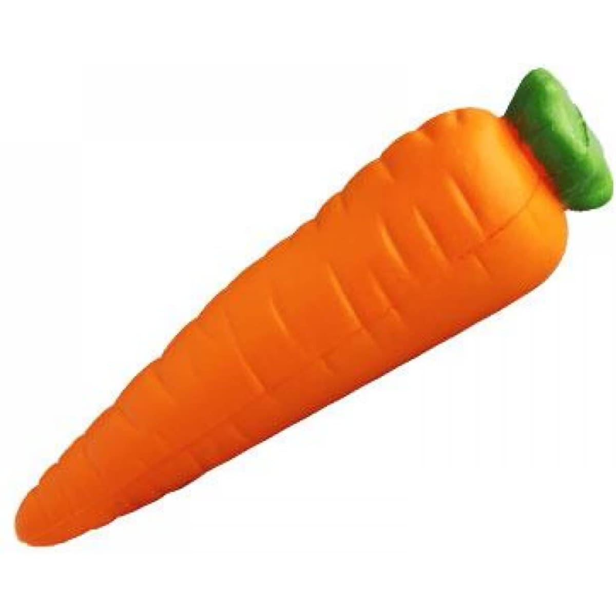 A carrot-shaped promotional product in vibrant orange with a green top, featuring a logo.