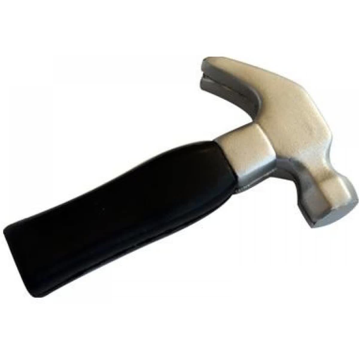 A stress hammer with a silver head and a black handle, featuring a logo on the handle.