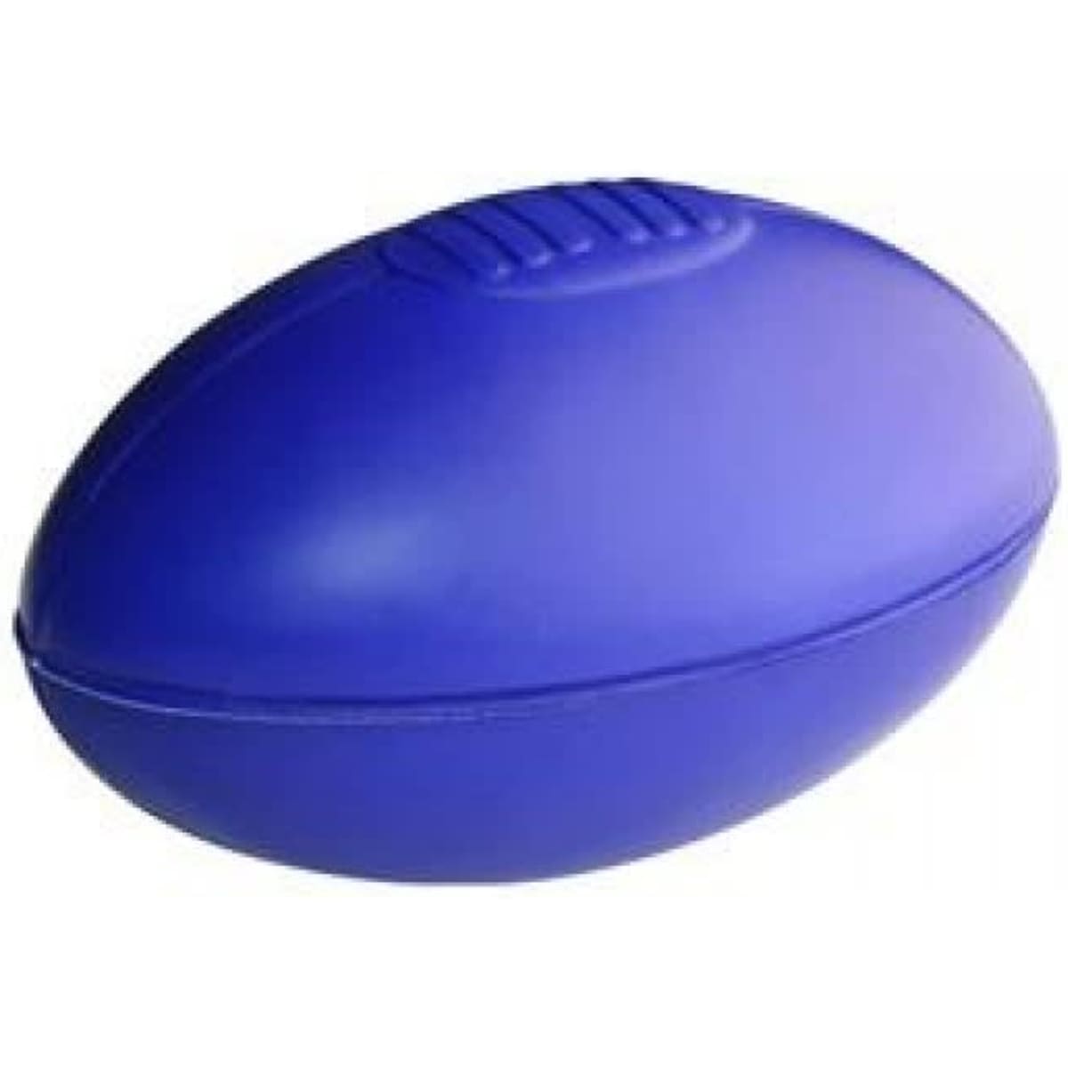 A large blue rugby ball with a smooth surface and a textured grip section. It features a logo.