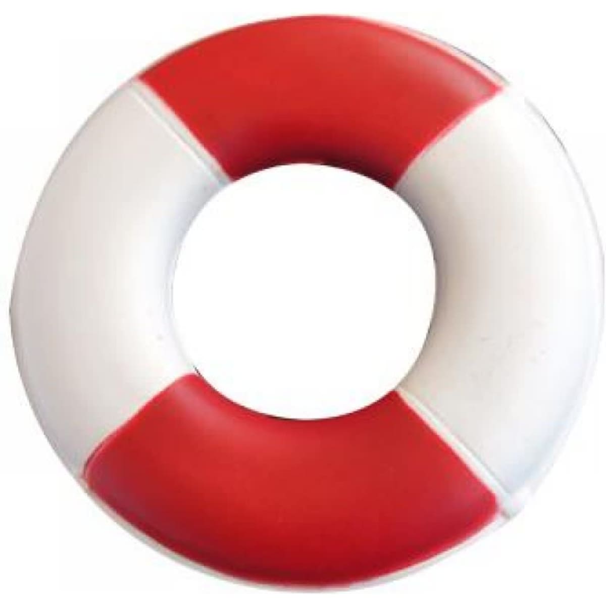 A stress relief toy in the shape of a red and white life buoy with a logo.