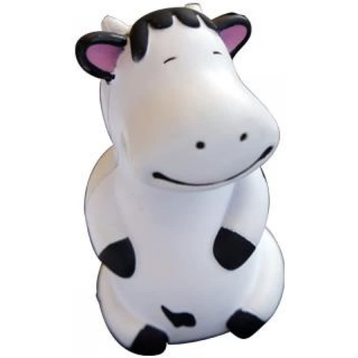 A stress toy shaped like a smiling, sitting white cow with black spots and pink ears. It features a simple design.
