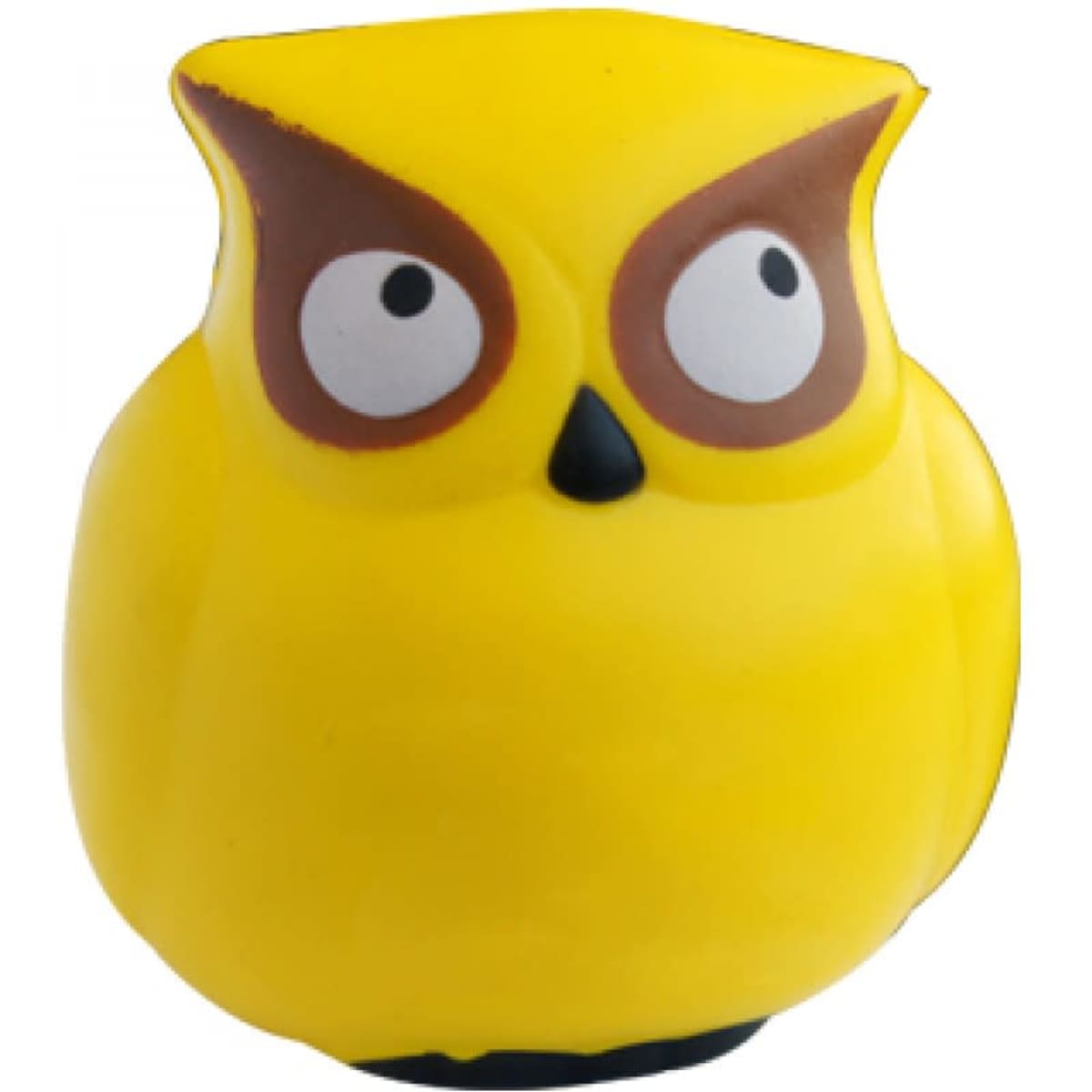 A small, yellow stress relief toy shaped like an owl, featuring large eyes and brown accents. It has a branding logo.