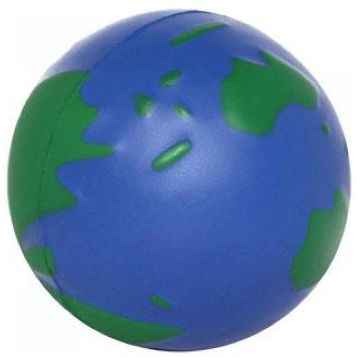 A stress ball designed to resemble the Earth, featuring blue and green colours. It has a smooth finish and a branding logo.