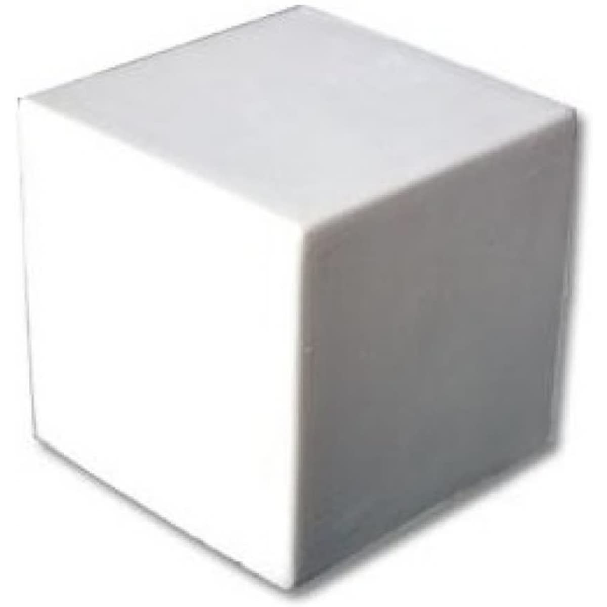 A stress relief cube in solid white with a smooth finish and a simple, geometric shape. Features a logo.