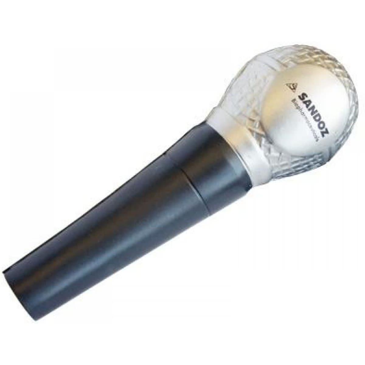 A black stress microphone with a shiny silver top, featuring a logo on the handle.