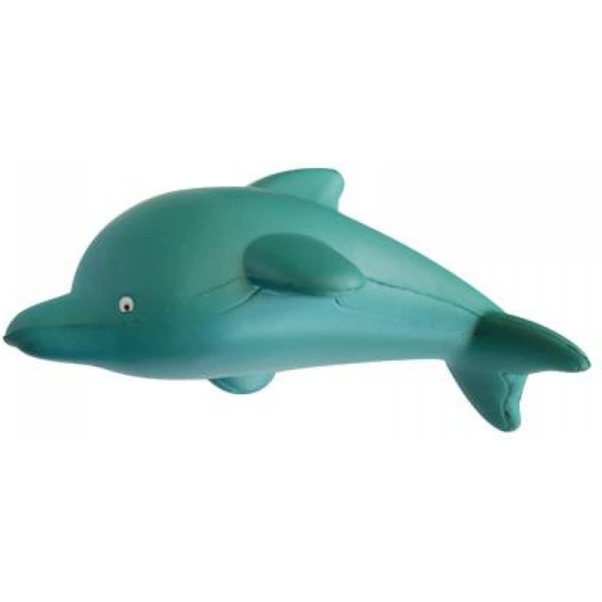 A teal stress whale toy with a smooth finish and a small eye, featuring a simple design.