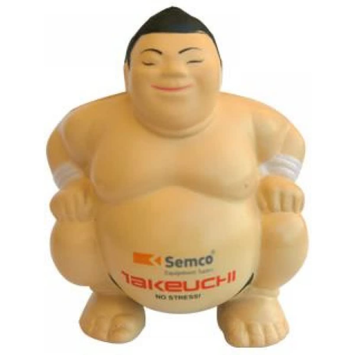 A stress toy shaped like a cheerful sumo wrestler in beige with white details, featuring a logo.