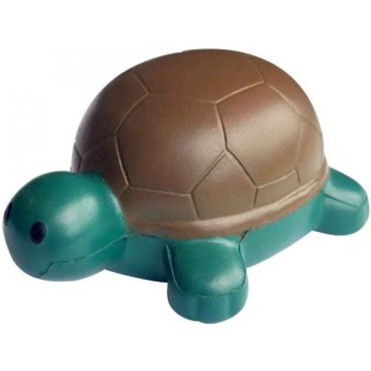 A green and brown stress-relief tortoise with a smooth, soft texture and cartoon-like design.