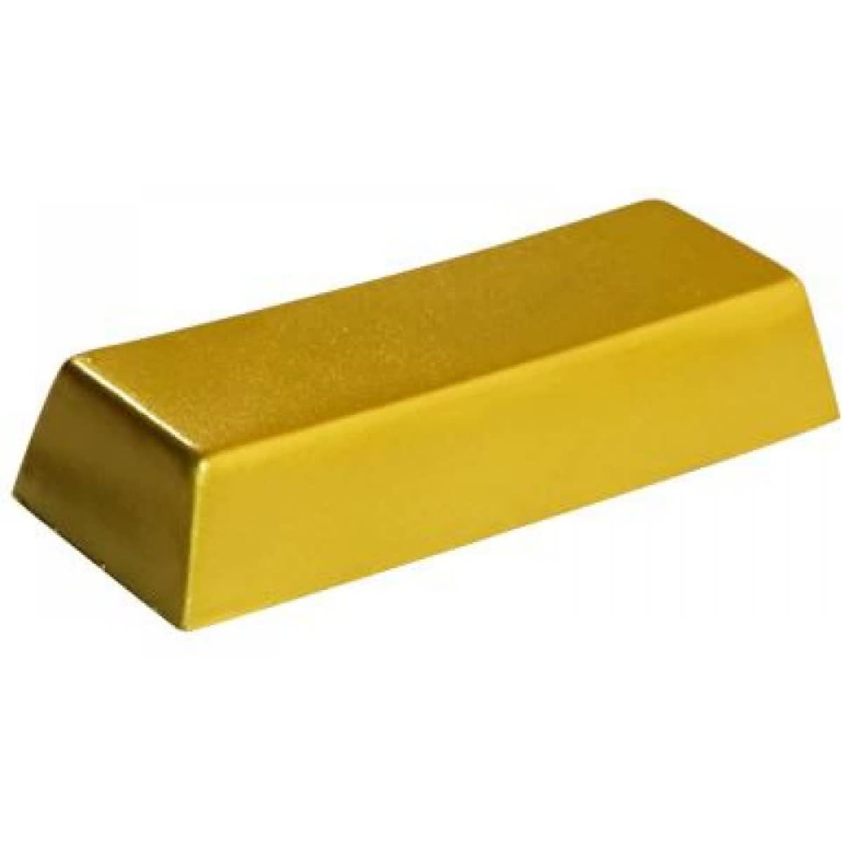 A gold bullion bar with a shiny, metallic finish and a rectangular shape.