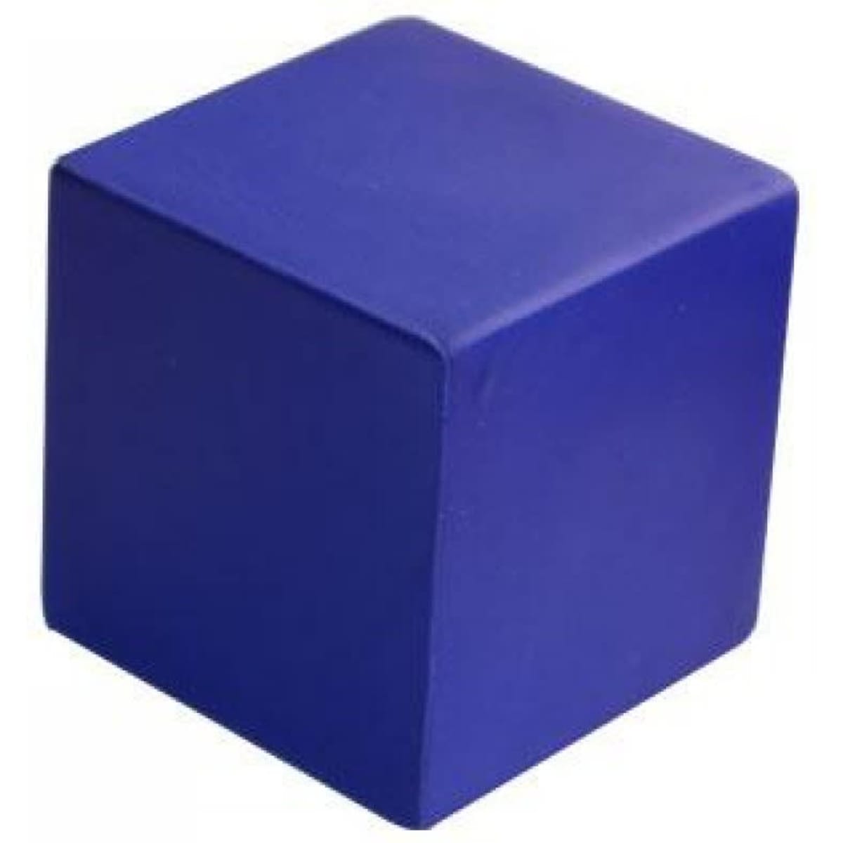 A blue stress relief cube with smooth edges and a solid design. Features a logo on one side.