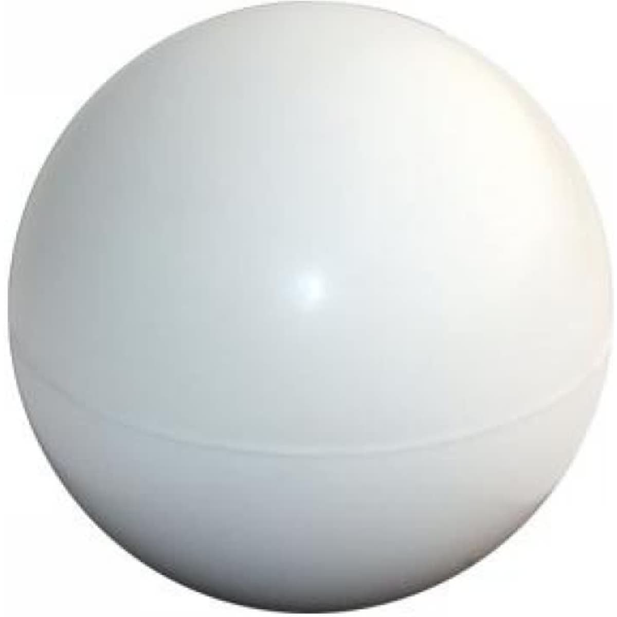 A white stress ball in a spherical shape with a smooth surface. It features a logo on one side.