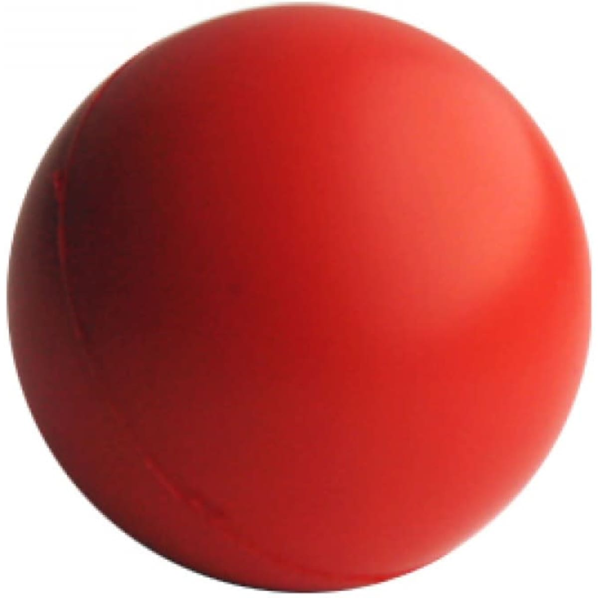 A red stress ball with a smooth, glossy surface and a round shape. It features a logo on one side.