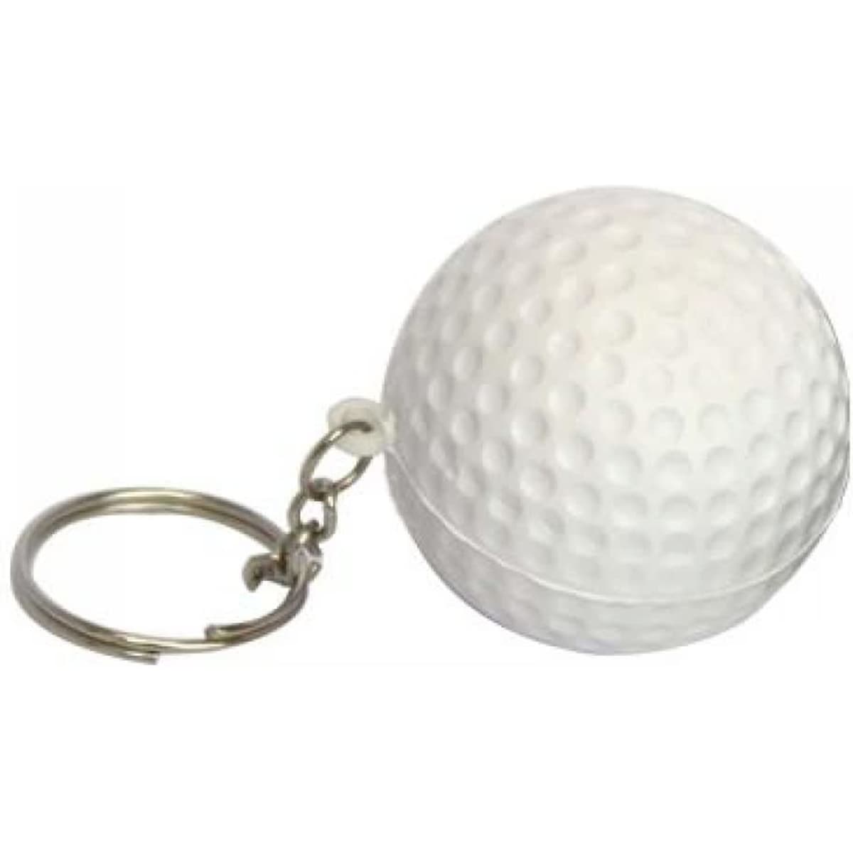 A white golf ball keyring featuring a textured surface and a metal keychain attachment.