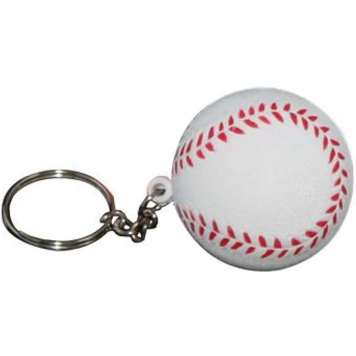 A white baseball keyring with red stitching attached to a metal keychain.