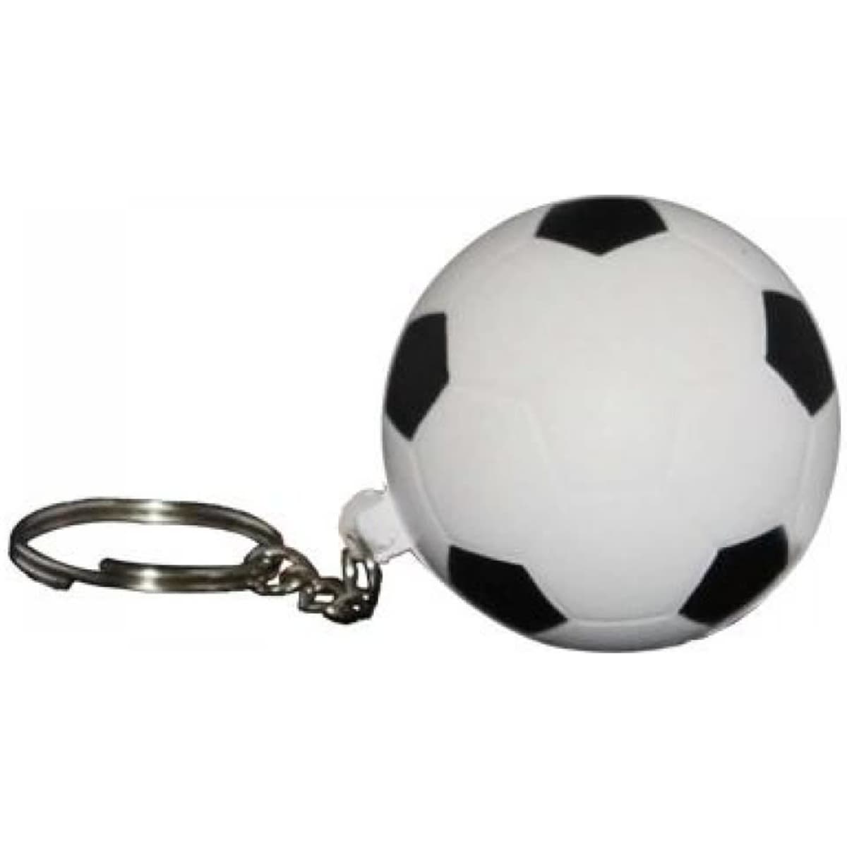 A keyring featuring a small white soccer ball with black patches and a metal keychain.