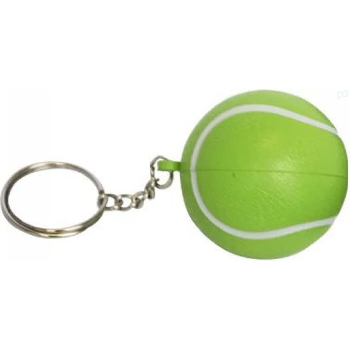 A green tennis ball keyring with white seam detailing attached to a metal chain.