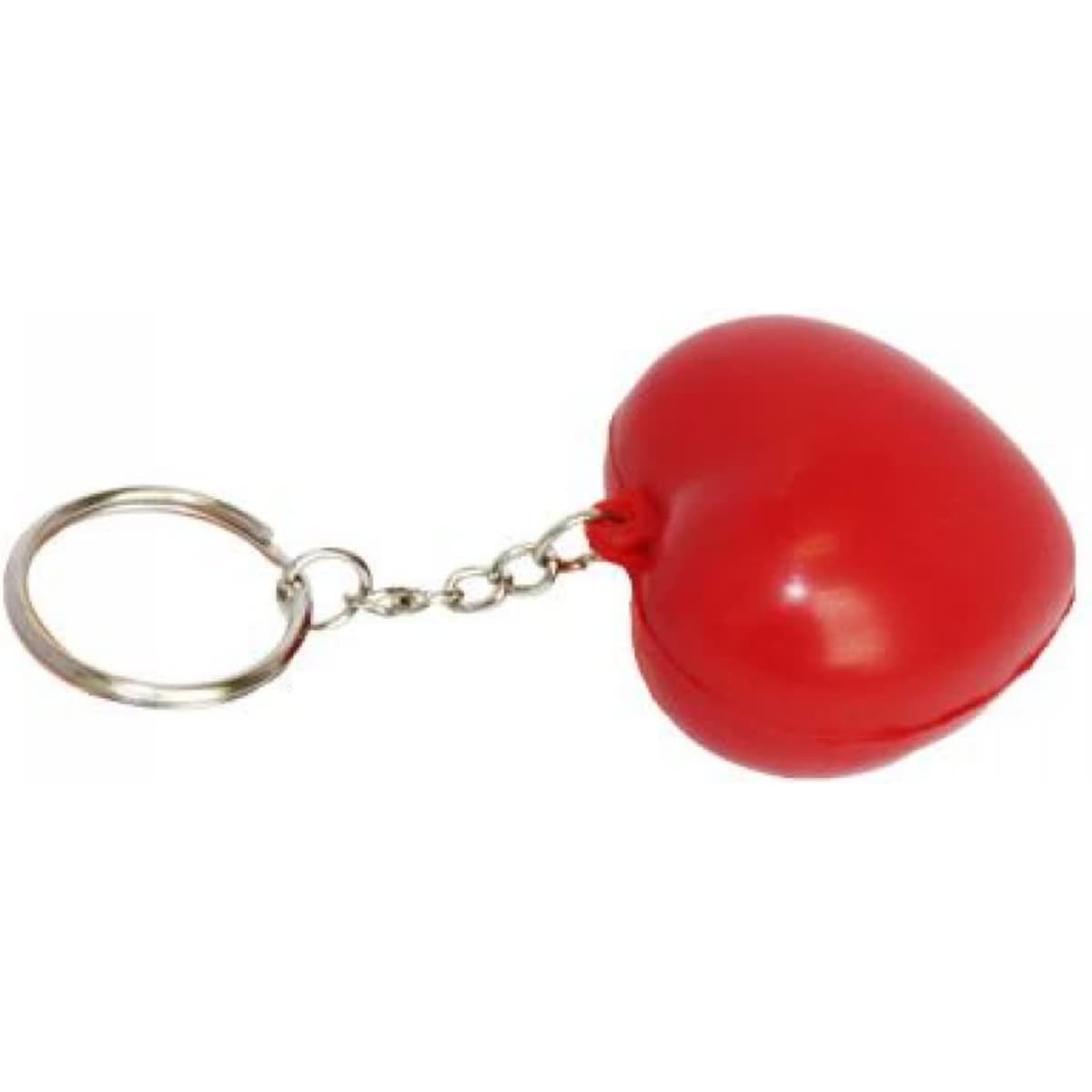 A red heart-shaped keyring attached to a metal chain. It features a simple design and has a glossy finish.