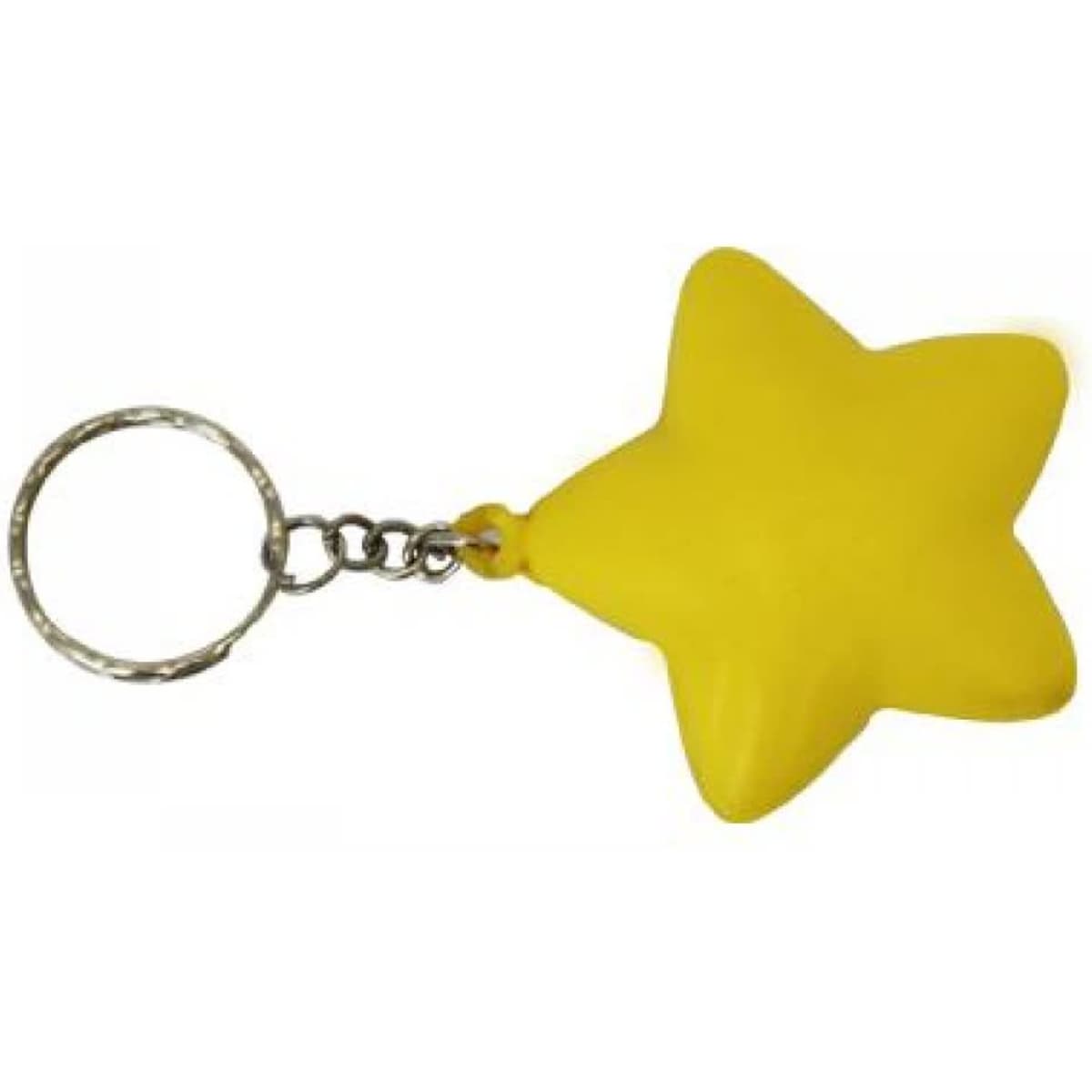 A yellow star-shaped keyring with a silver chain attached.
