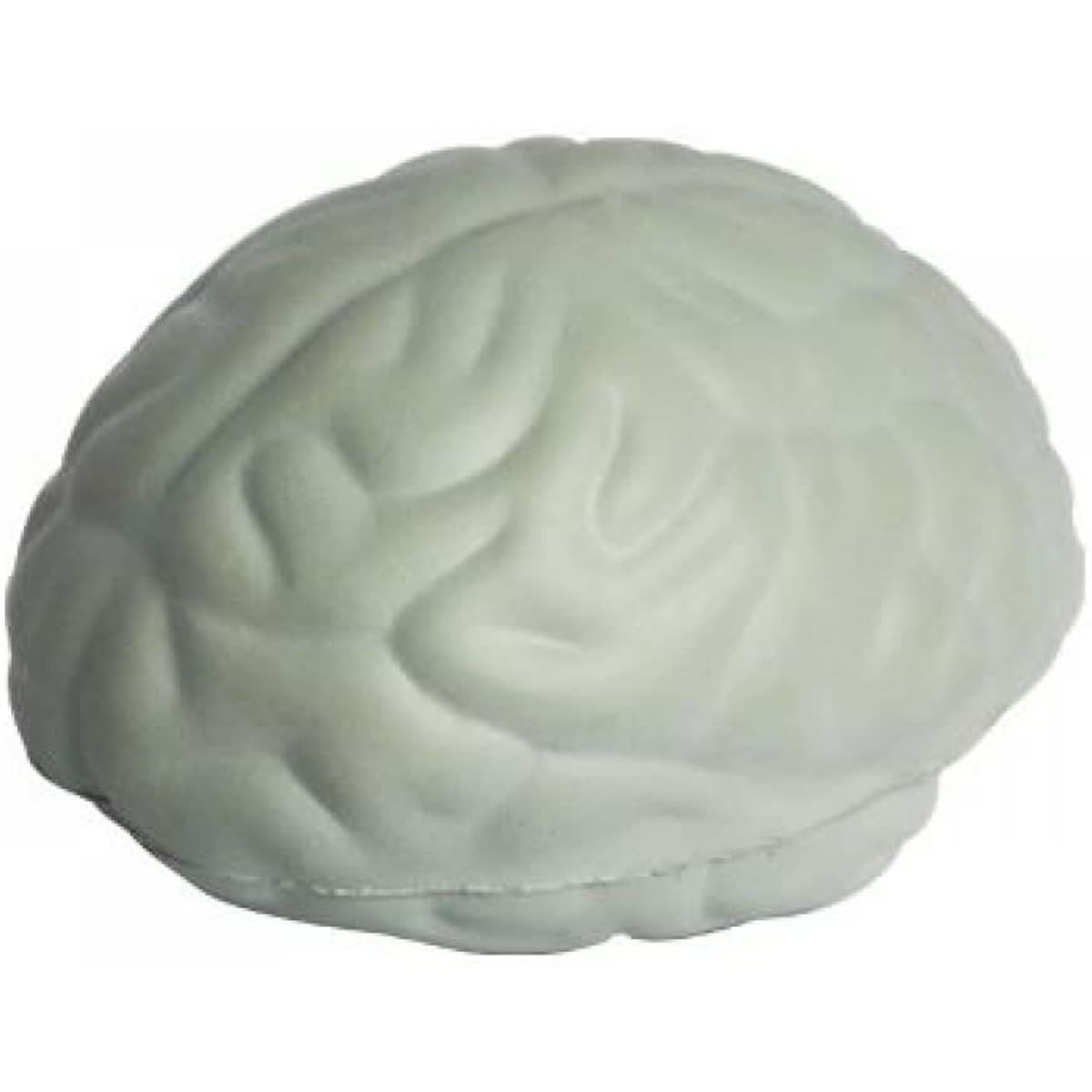 A stress ball shaped like a brain, featuring a grey colour and detailed texture. It includes a logo on the surface.