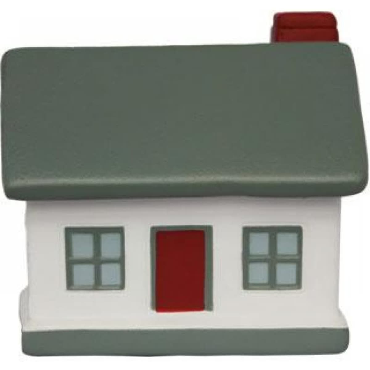 A decorative house figurine in grey and white with a red door and a chimney. It features two windows.