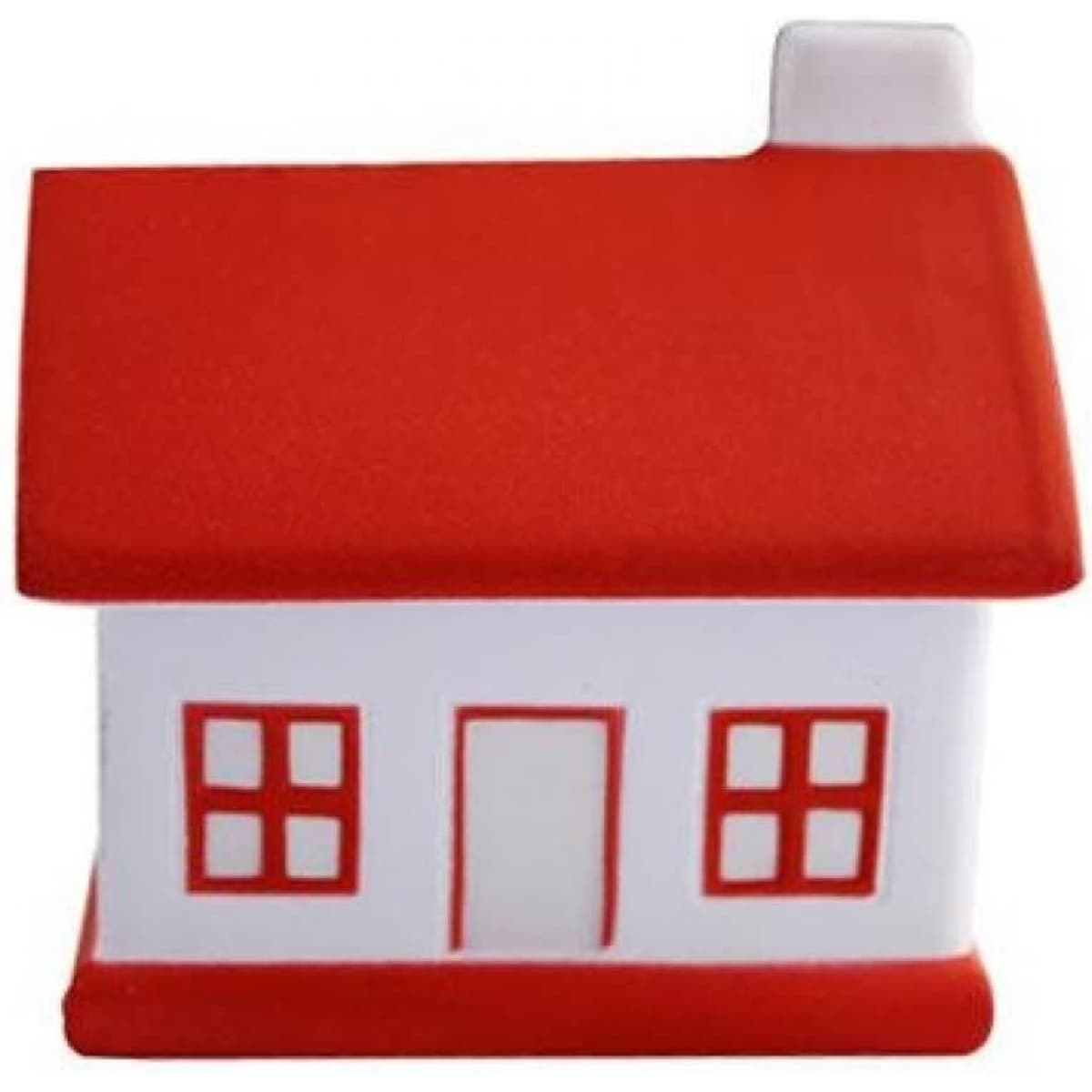 A promotional product shaped like a house, featuring a red roof and white walls, with a logo on the front.