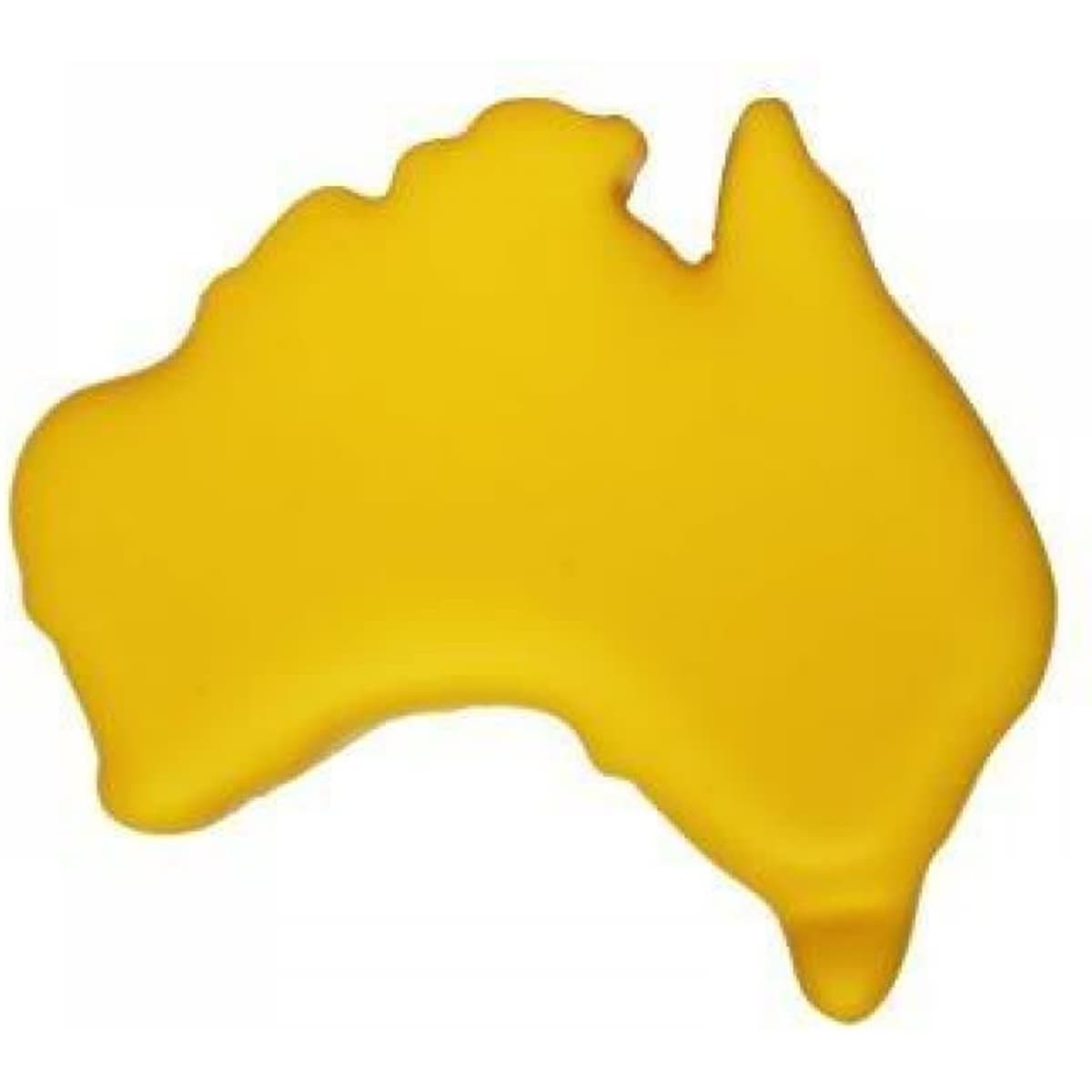 A yellow Australia-shaped promotional product with a smooth finish and a branded logo.