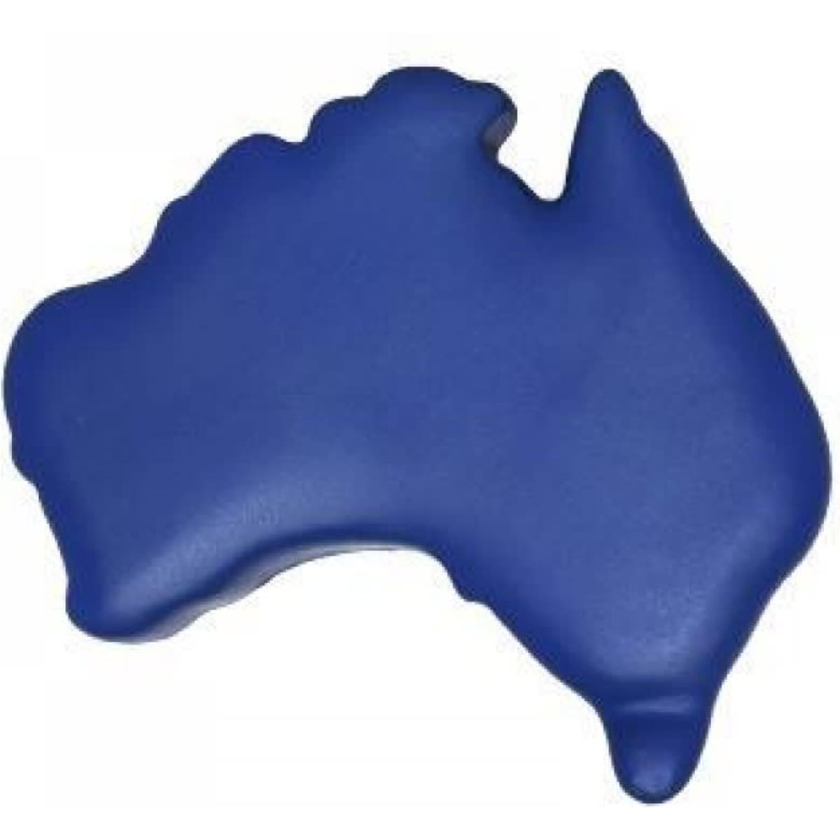 A stress ball shaped like Australia in blue, featuring a smooth, soft texture and contoured outline.