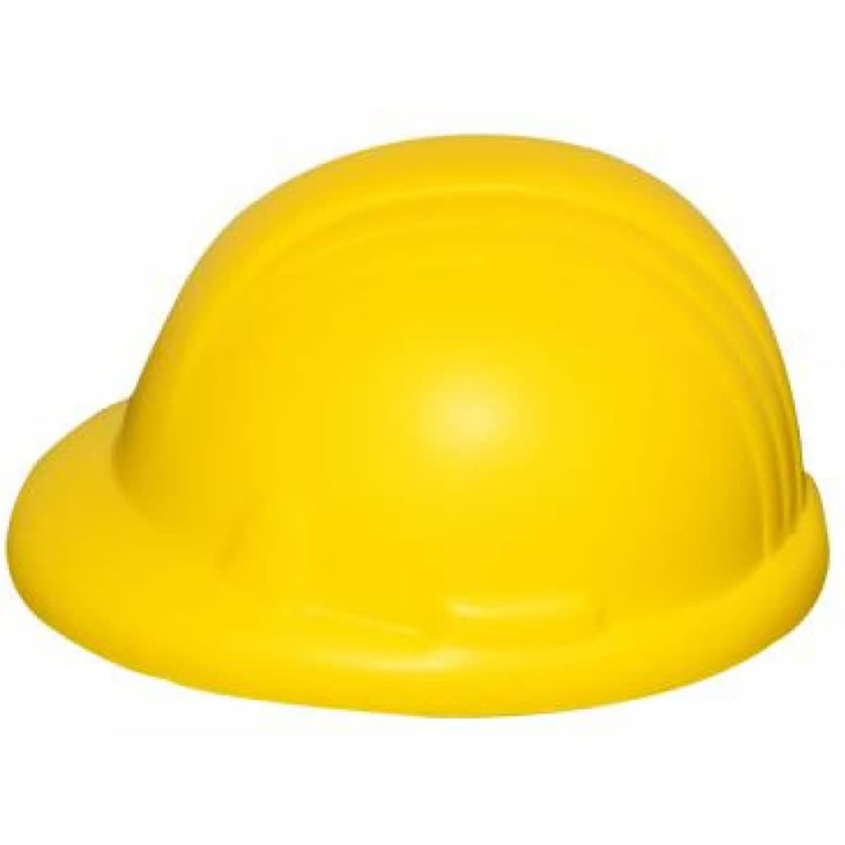 A hard hat in bright yellow, featuring a smooth surface and curved top. It has a logo on the side.