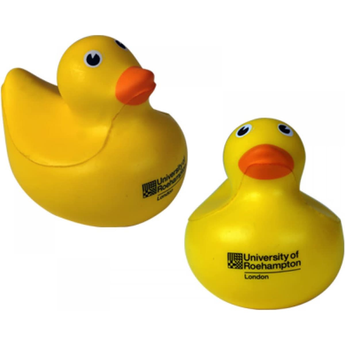 Two yellow rubber ducklings with orange beaks, featuring a logo on one side.
