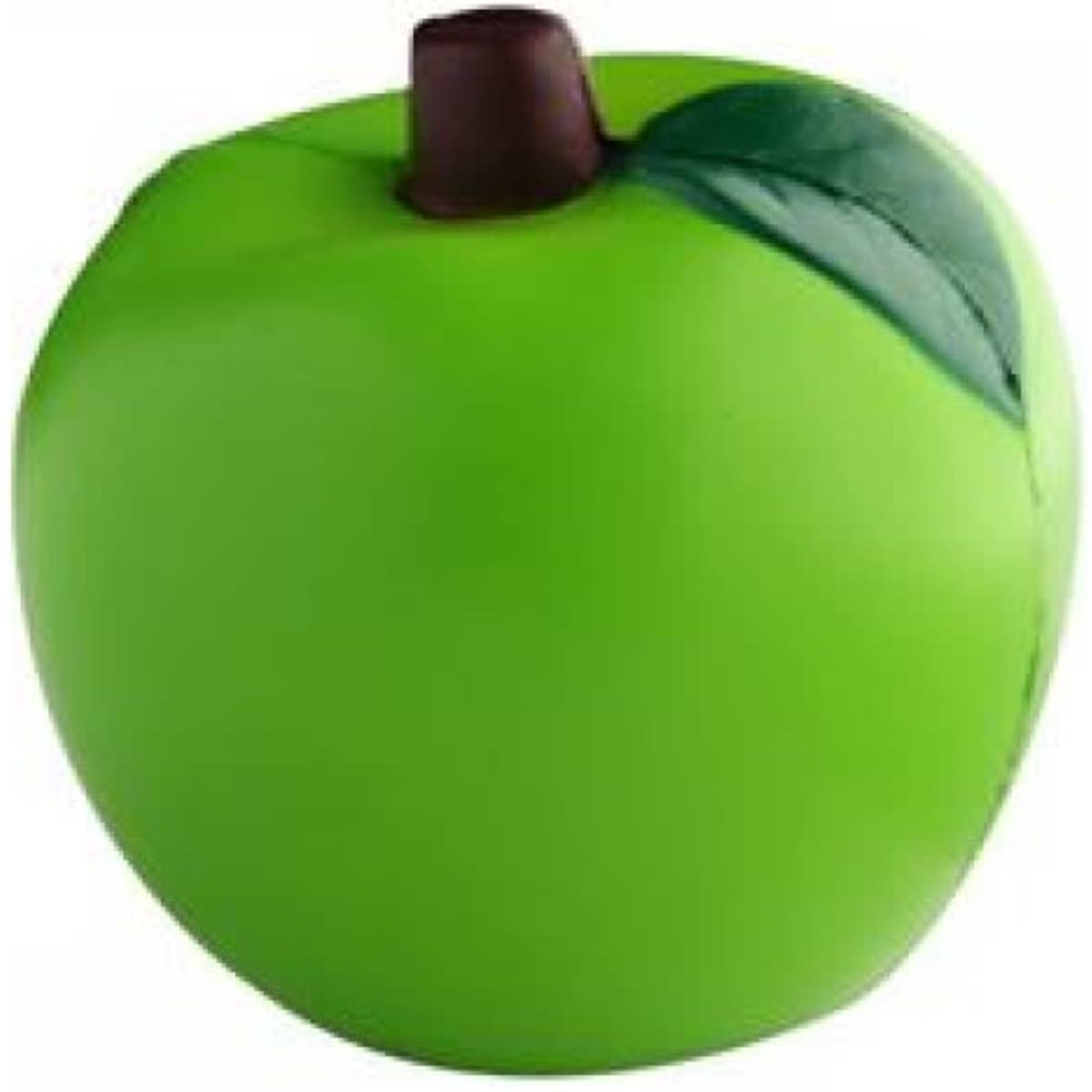 A green stress apple featuring a brown stem and a leaf, with a smooth, matte finish. It has a logo on the side.