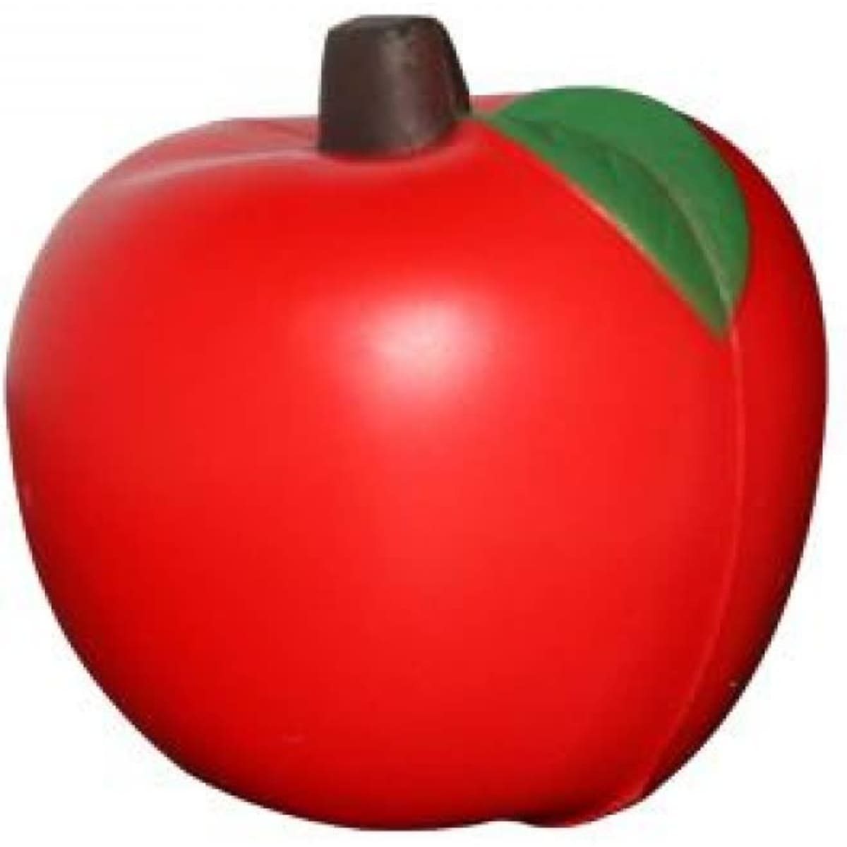 A stress ball shaped like a bright red apple with a green leaf and a brown stem. It has a smooth surface.