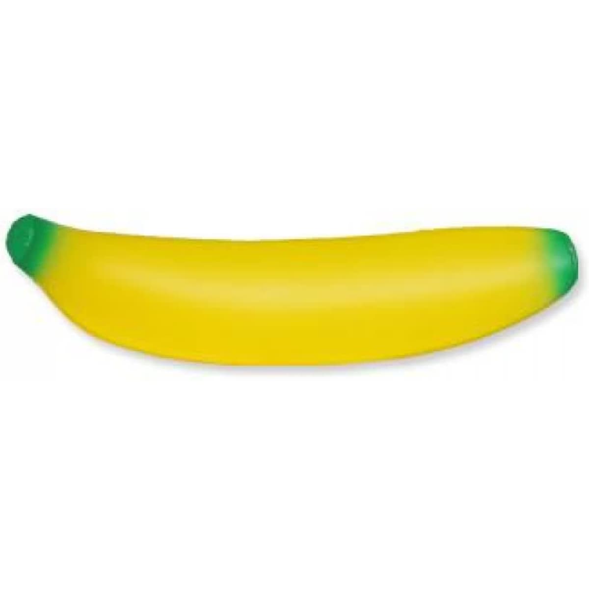 A stress toy in the shape of a banana, primarily yellow with a green tip. It has a smooth surface.