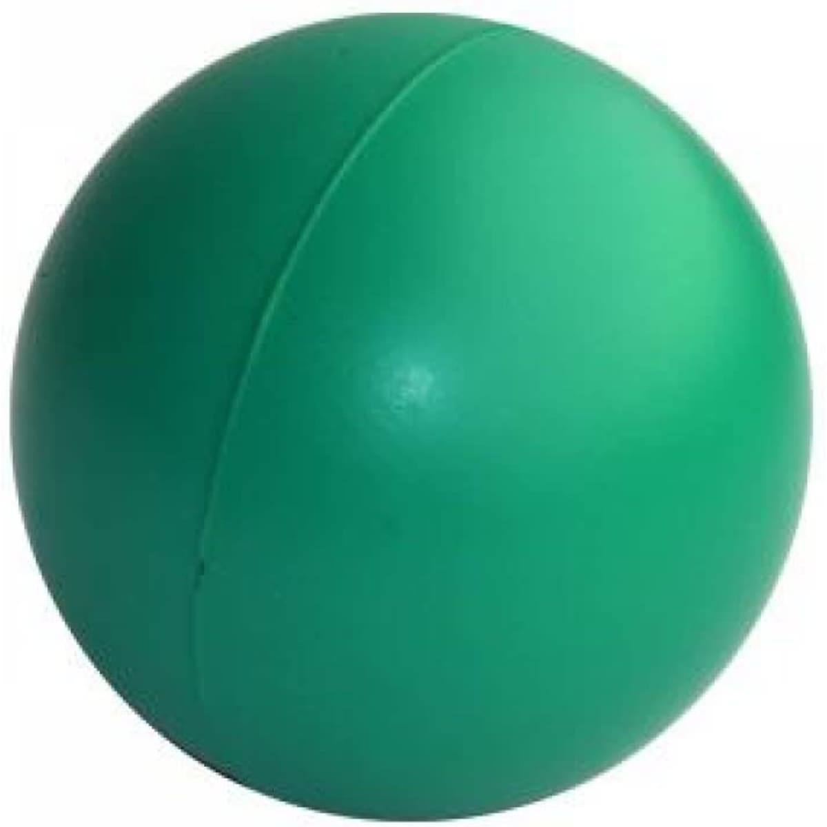 A green stress ball with a smooth surface and a visible seam running around the mid-section.
