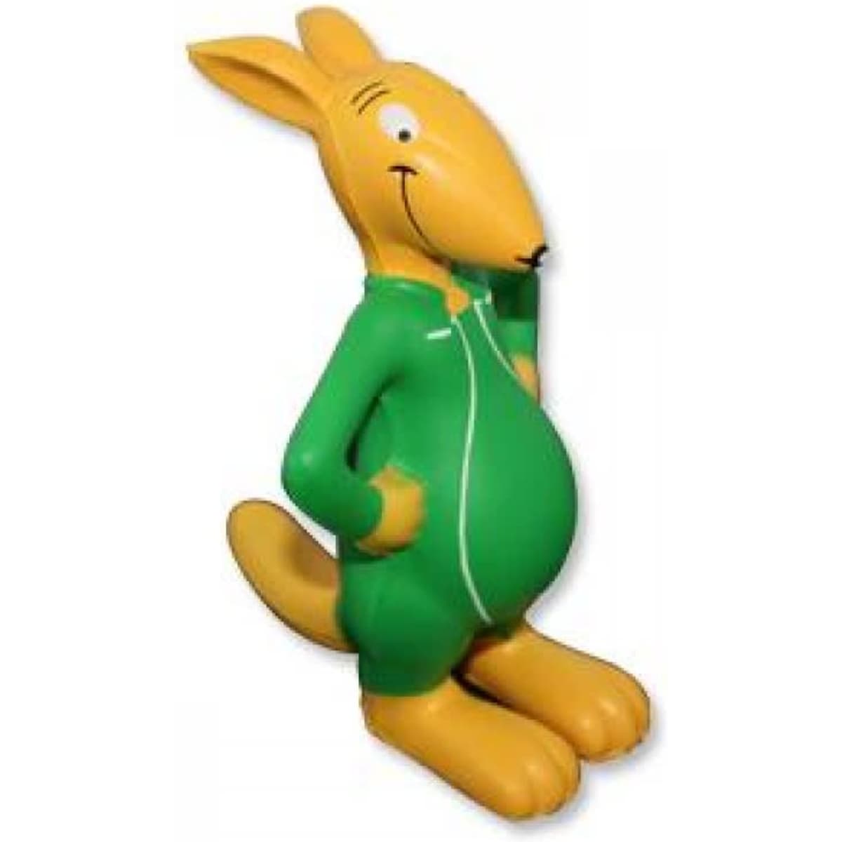 A cartoon kangaroo figurine in green and yellow, smiling and standing with hands on its hips.