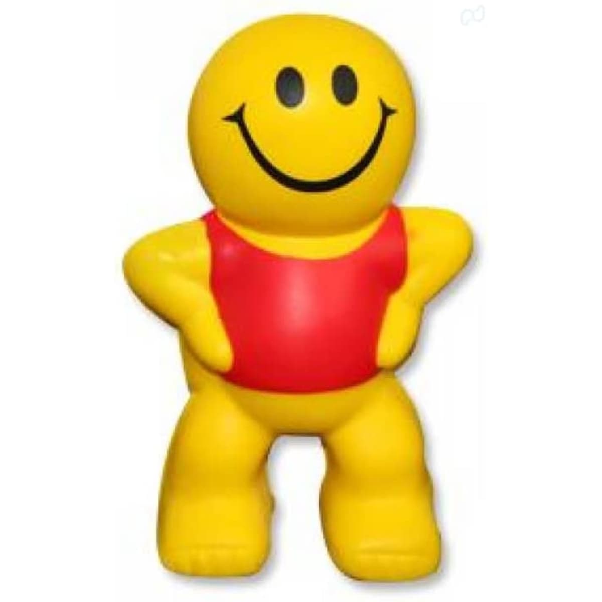 A playful yellow stress toy in the shape of a smiling little man, wearing a red tank top.