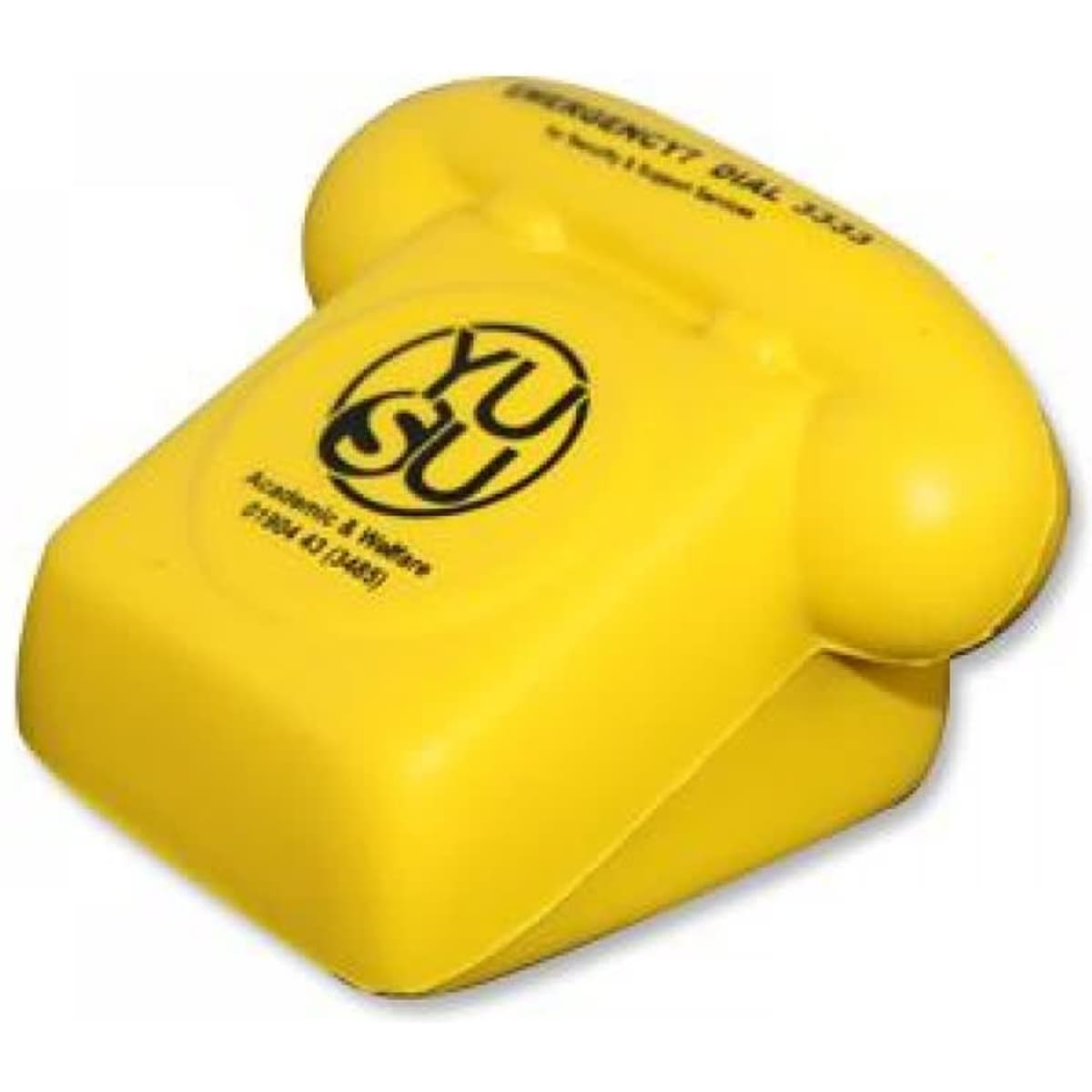 A yellow stress telephone shaped toy with a logo on it.