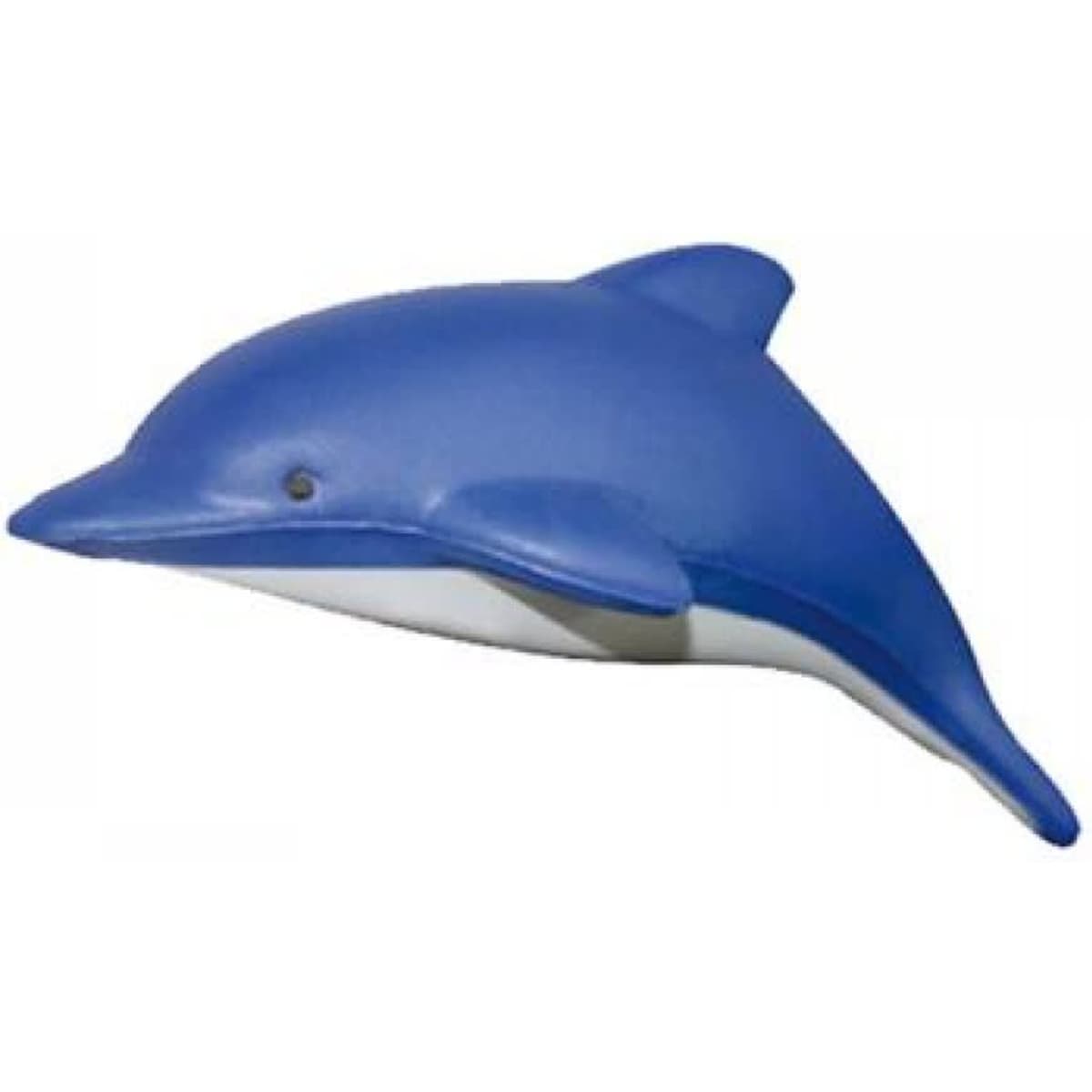 A blue stress relief toy in the shape of a dolphin with a white underside and a small black eye.