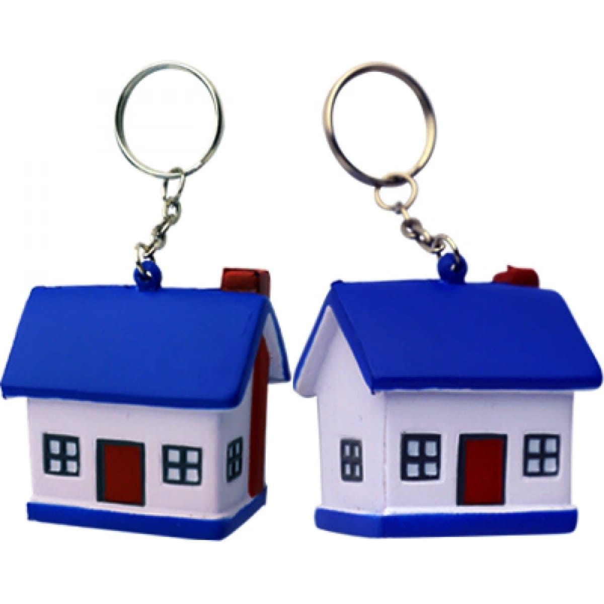 A set of two house-shaped keyrings in blue and white, featuring a silver keychain.