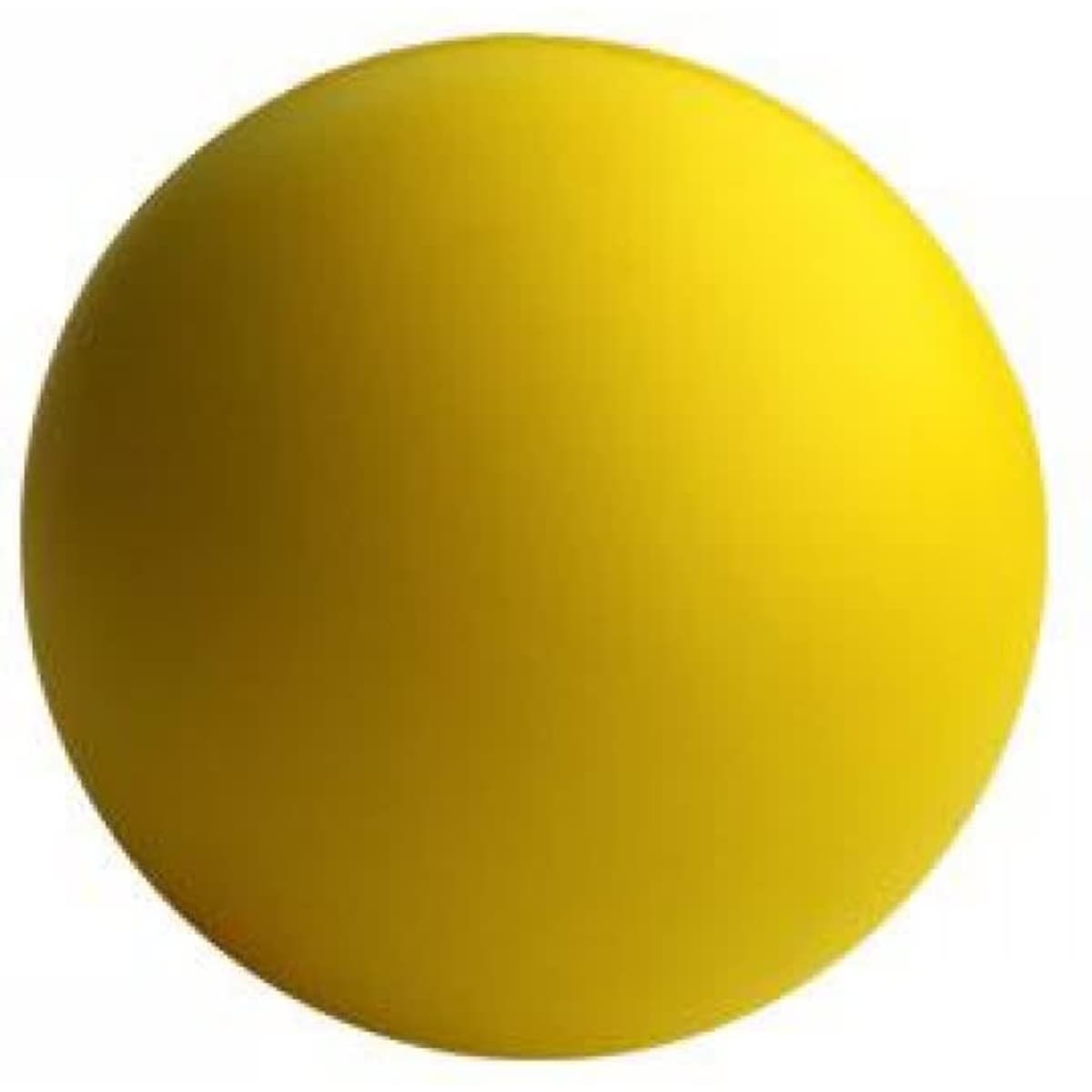 A round, yellow stress ball with a smooth surface, featuring a logo on one side.