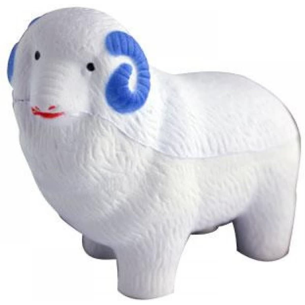 A white decorative sheep with blue accents, featuring a textured surface and a friendly expression.
