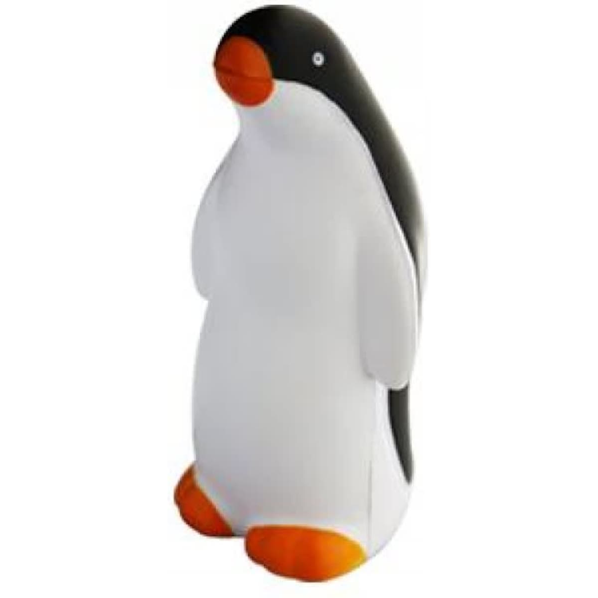 A stress relief toy shaped like a penguin, featuring black, white, and orange colours with a simple design.