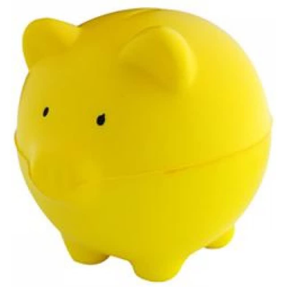 A pig-shaped container in bright yellow with a smooth finish and small black eyes. It features a branding logo.