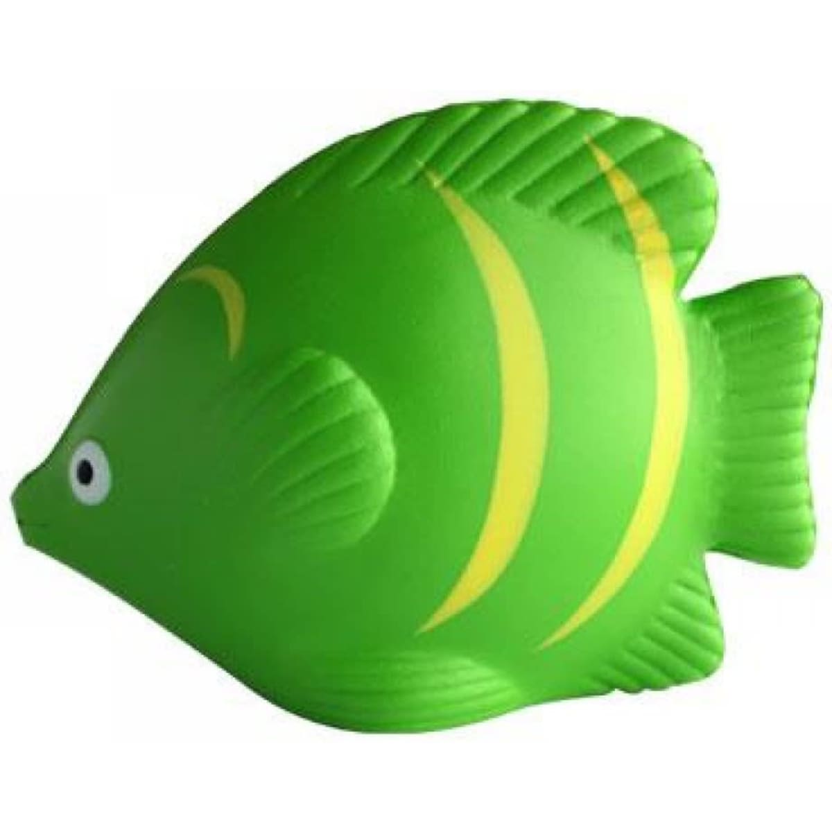 A green fish-shaped promotional product with yellow stripes and a simplistic design. It features a logo.