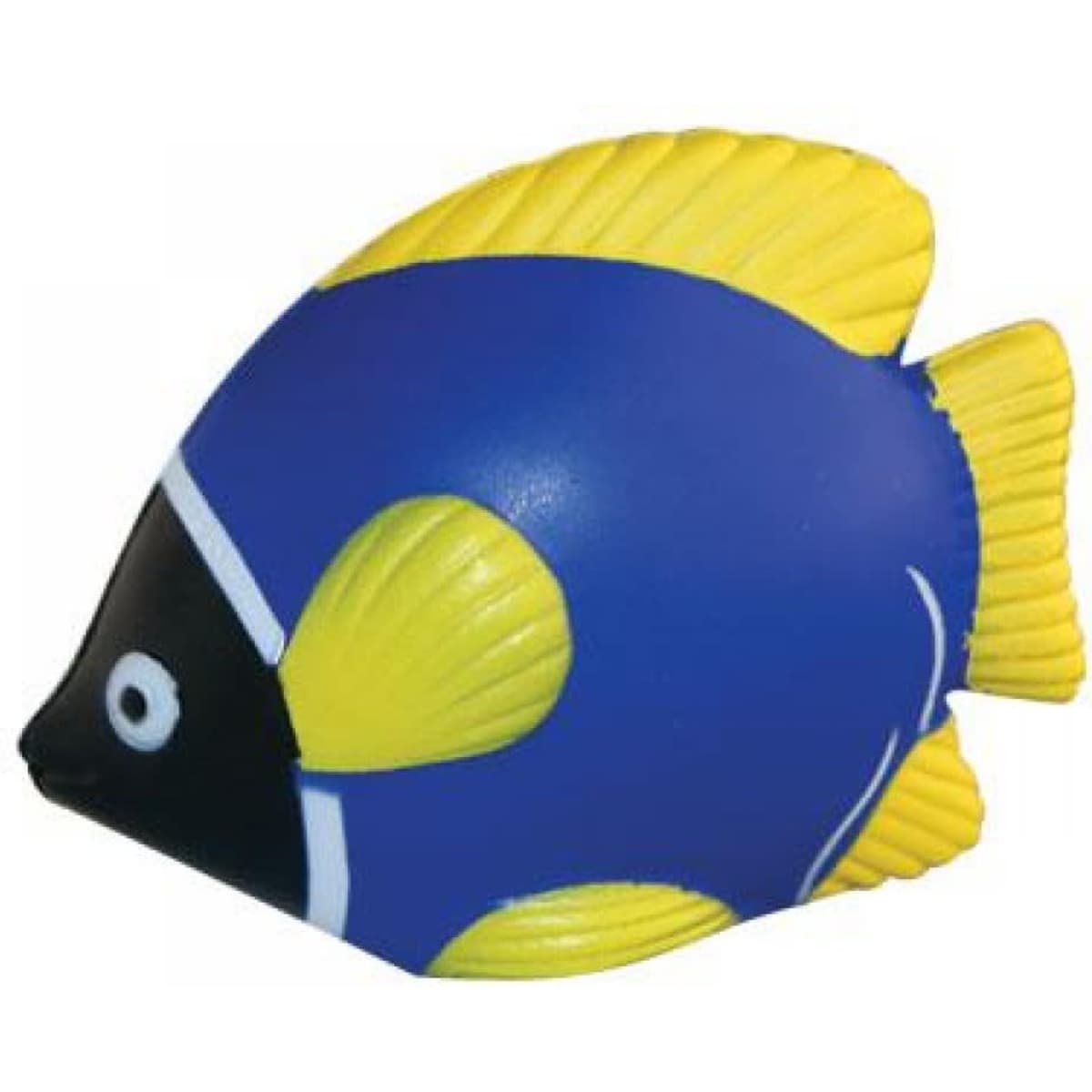 A tropical fish toy in blue and yellow, featuring a black face and fins, with a logo on the side.