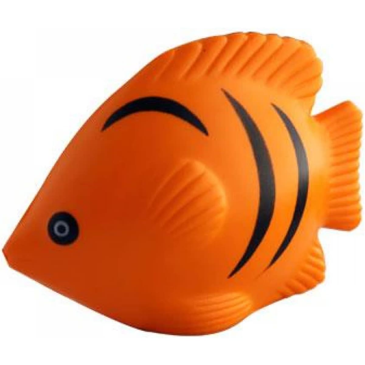 A toy fish in bright orange, featuring black stripes and a rounded shape. The fish has a simple design and includes details on the fins.