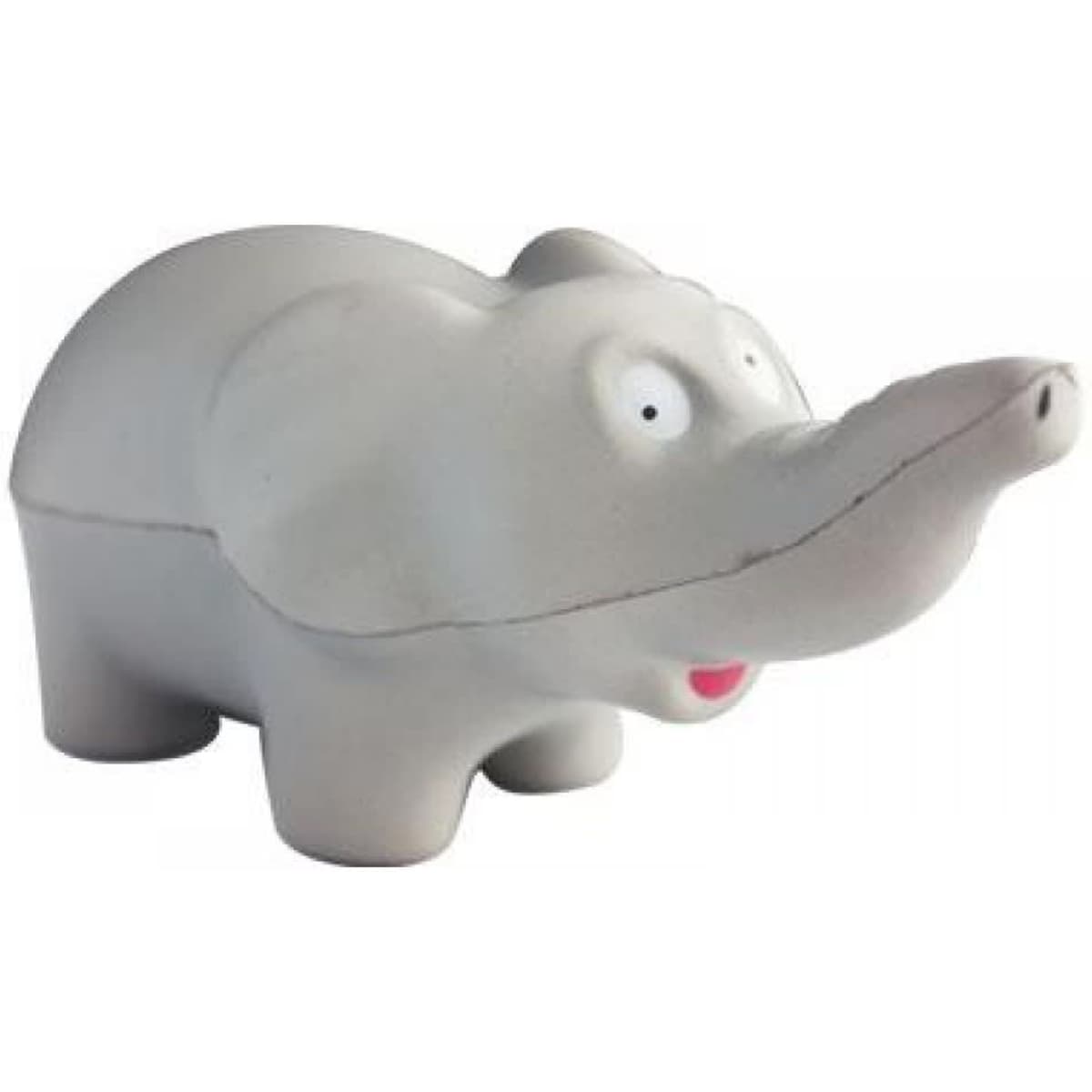 A grey stress toy shaped like an elephant, featuring wide eyes and a cartoonish expression. It has a smooth texture.