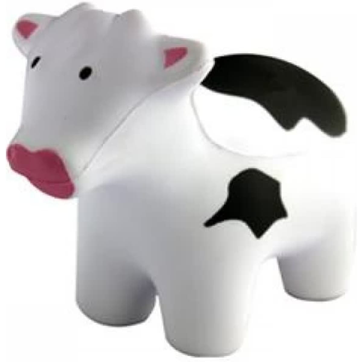 A white and black stress cow with a pink nose and ears. Features a simple design and a smooth texture.
