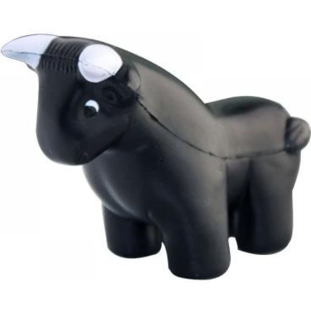 A small, black bull-shaped stress toy with silver accents on its horns and eyes. The toy has a smooth, rounded body.